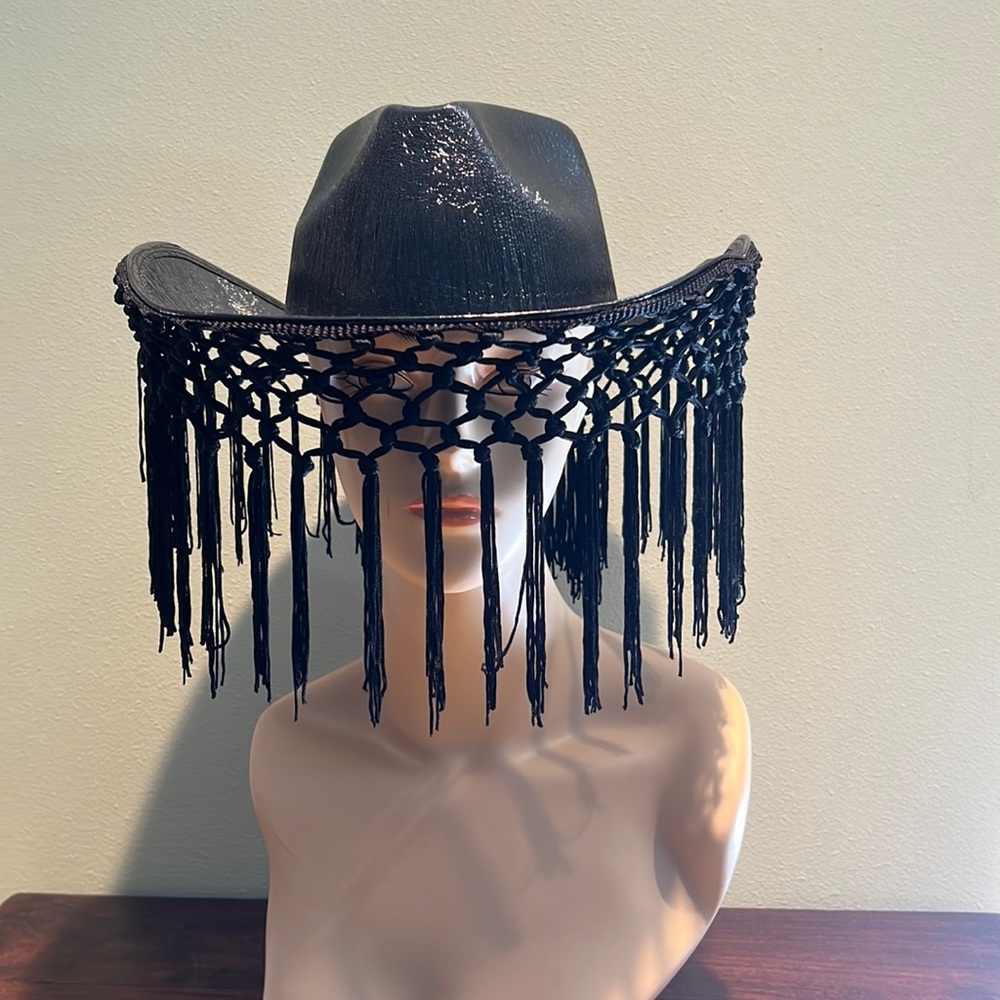 Akira Black Western Tassel Fringe Cowboy Hat Light Weight Very Chic